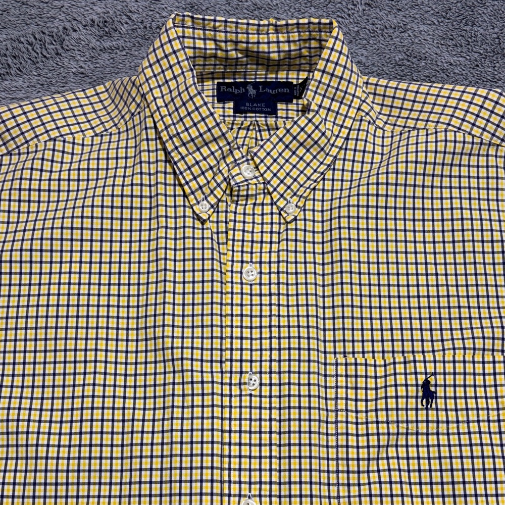 Ralph Lauren Shirt Button Down Short Sleeve Men’s XL Yellow & Gray Plaid